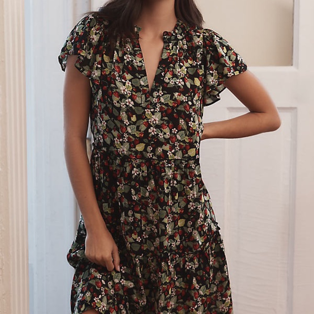 Anthologie Wild Strawberry Patch Ruffle-Sleeve V-Neck Mini Dress Womens Size: LP - Picture 3 of 16